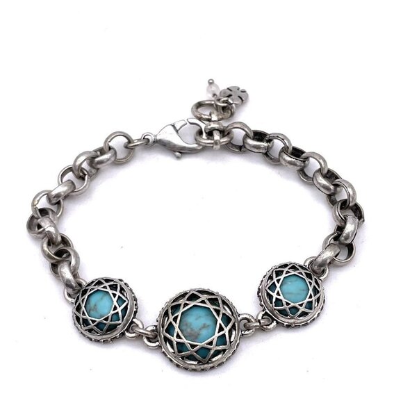 Lucky Brand Faux Turquoise Chain Link Chunky Bracelet Silver Tone Signed 7" - Picture 1 of 3